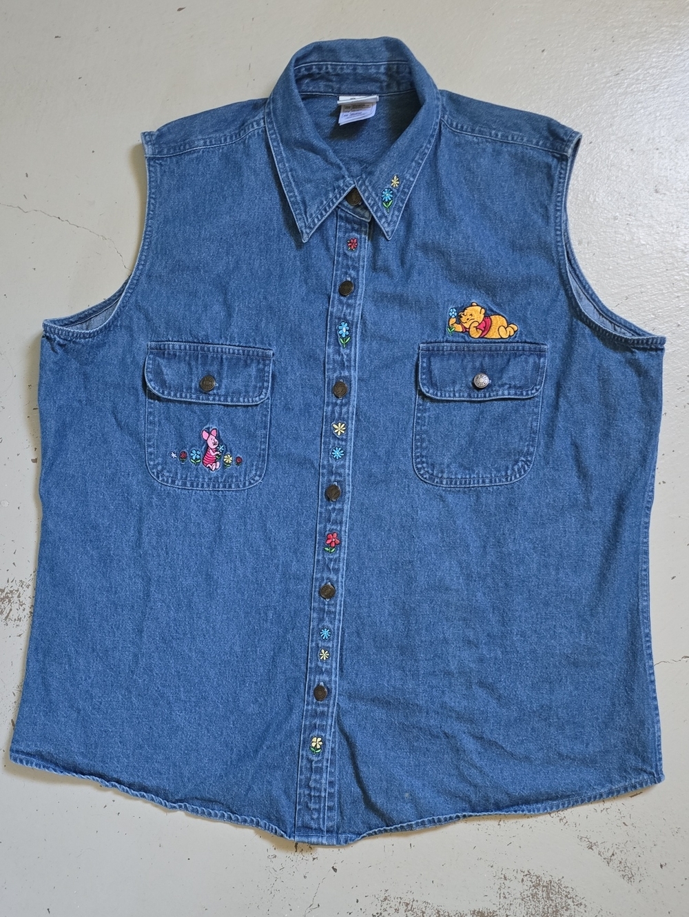 Vintage 90s Disney Store Winnie The Pooh Embroidered Denim Sleeveless Shirt XXL